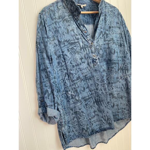John Mark Shirt Women's Medium Denim Mixed Print Long Sleeve Button Blouse - Picture 2 of 5